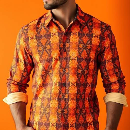 Camisa masculina com estampa geométrica em tons de laranja e marrom.