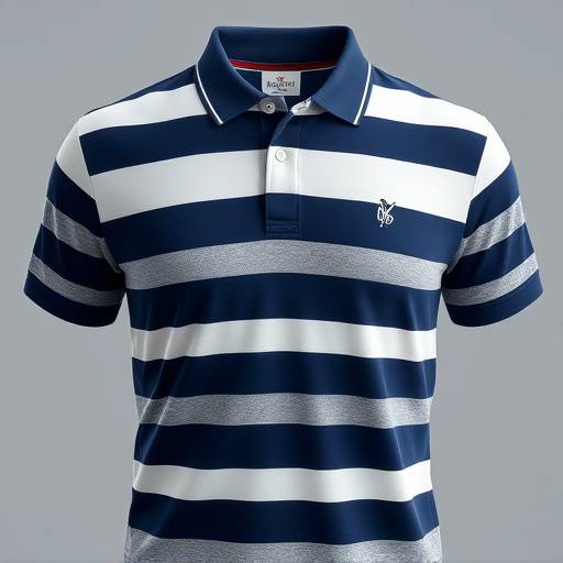 Camisa polo masculina listrada em azul marinho e branco, com o logo da marca no peito.