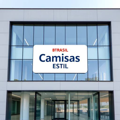 Fachada do escritório da Camisas Estilo Brasil, um prédio moderno com janelas grandes e o logo da empresa.