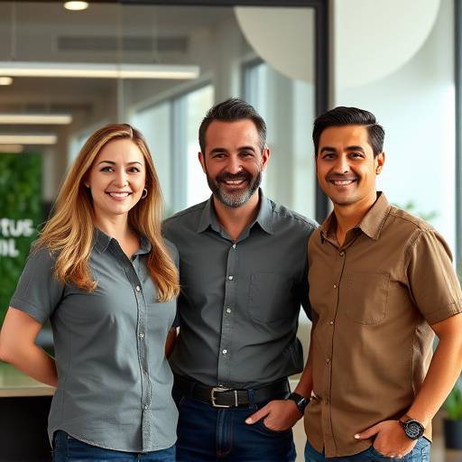 Foto da equipe da Camisas Estilo Brasil, sorrindo e posando em frente ao escritório.