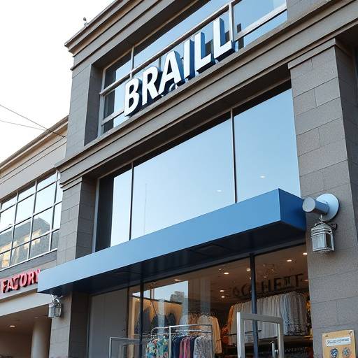 Vista externa da fábrica da Camisas Estilo Brasil, com o logo da marca na fachada.